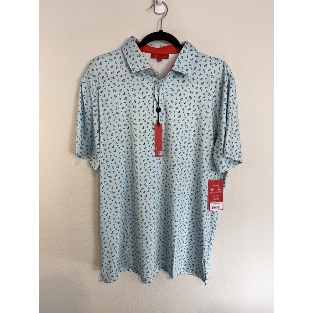 NEW Redvanly Ashby Polo PUREpoly 4Way Stretch Blue Floral Men L Golf Resort Wear